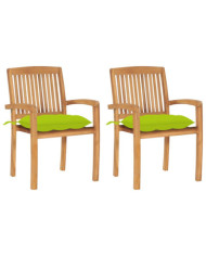 Chaises de jardin lot de 2 avec coussins vert vif Teck massif | Mobilier & Déco