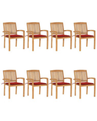 Chaises de jardin empilables avec coussins lot de 8 Teck solide | Mobilier & Déco