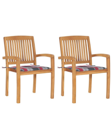 Chaises de jardin lot de 2 avec coussins à carreaux rouges Teck | Mobilier & Déco