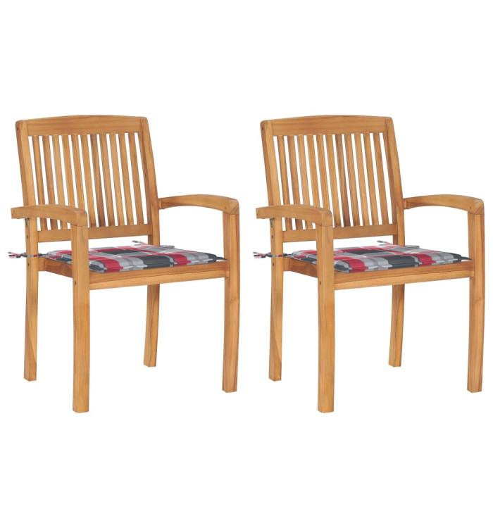 Chaises de jardin lot de 2 avec coussins à carreaux rouges Teck | Mobilier & Déco