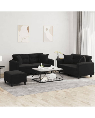 Ensemble de canapés 3 pcs avec coussins Noir Tissu microfibre | Mobilier & Déco