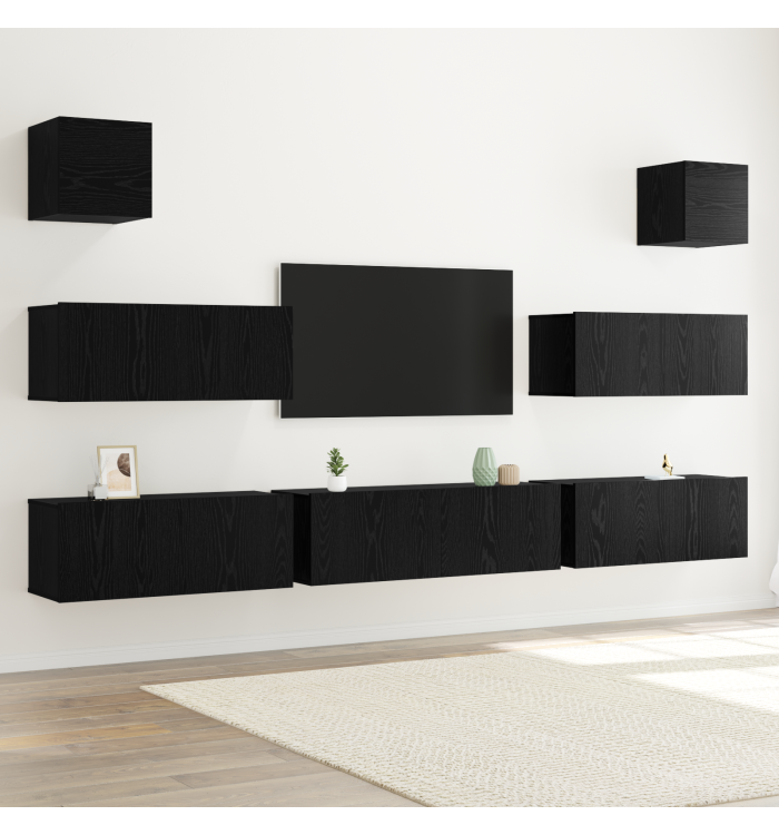 Ensemble de meubles TV mural 7 pièces en chêne noir et bois d'ingénierie | Mobilier & Déco