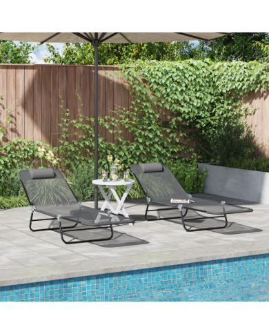 Chaises Longues Pliables 2 pcs avec Appui-tête Grise Textilène | Mobilier & Déco