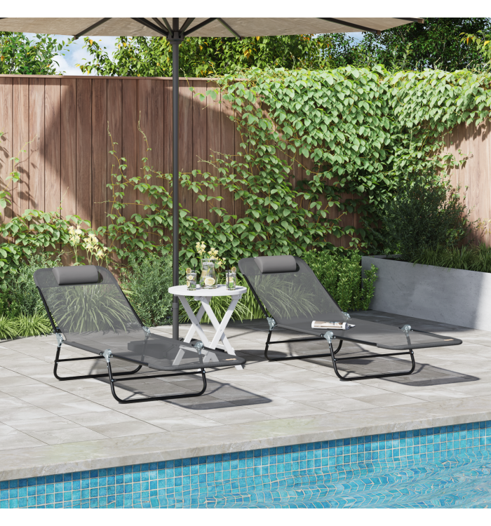 Chaises Longues Pliables 2 pcs avec Appui-tête Grise Textilène | Mobilier & Déco