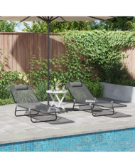 Chaises Longues Pliables 2 pcs avec Appui-tête Grise Textilène | Mobilier & Déco
