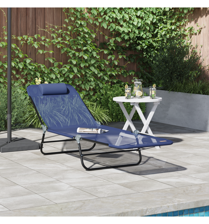 Chaise longue pliante avec appui-tête bleu marine en textilène | Mobilier & Déco