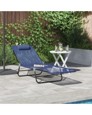 Chaise longue pliante avec appui-tête bleu marine en textilène | Mobilier & Déco