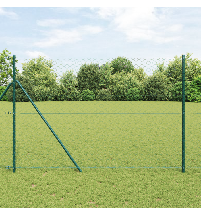 Clôture Hexagonale Verte 1,6x50 m en Acier, Poteaux de Clôture 13 pcs Verts Ø32 mm 210 cm en Acier Galvanisé | Mobilier & Déco