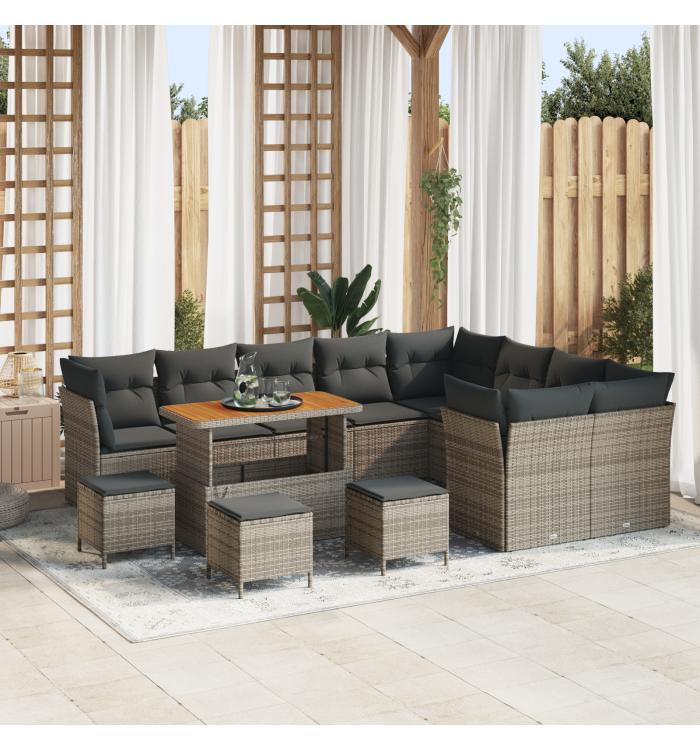 Ensemble de canapé jardin 13 pièces avec coussins gris, Rotin, Ensemble salle à manger jardin 4 pièces avec coussins gris, Rotin