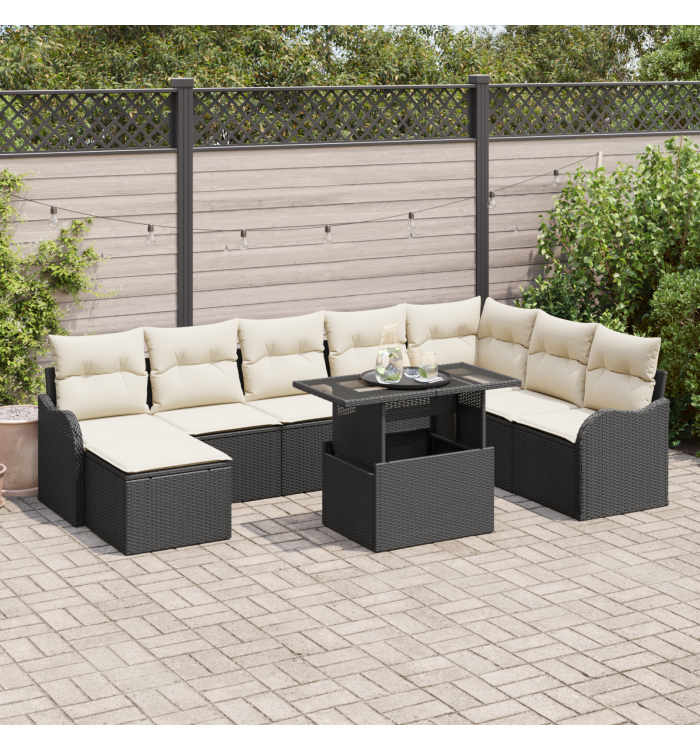 Ensemble de Canapés de Jardin 9 Pièces avec Coussins Noir Poly Rotin | Mobilier & Déco
