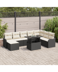 Ensemble de Canapés de Jardin 9 Pièces avec Coussins Noir Poly Rotin | Mobilier & Déco