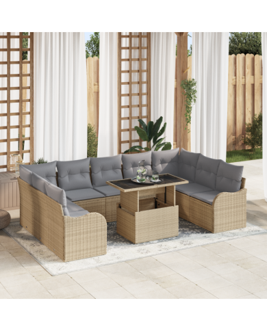 Ensemble de Canapé de Jardin 10 pièces avec Coussins en Rattan Beige, Canapé de Jardin 2 places avec Coussins en Rattan Beige 