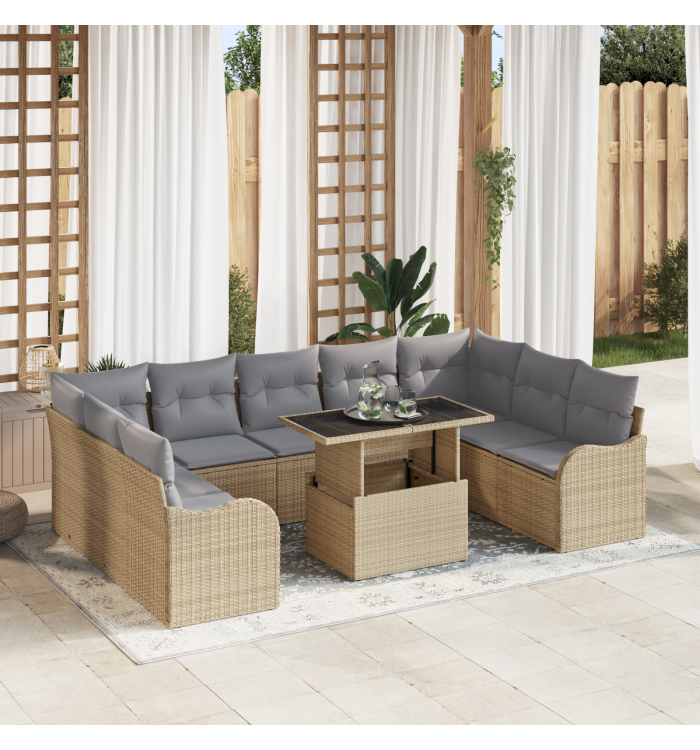 Ensemble de Canapé de Jardin 10 pièces avec Coussins en Rattan Beige, Canapé de Jardin 2 places avec Coussins en Rattan Beige 