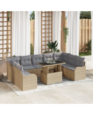 Ensemble de Canapé de Jardin 10 pièces avec Coussins en Rattan Beige, Canapé de Jardin 2 places avec Coussins en Rattan Beige 