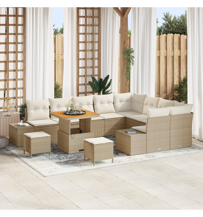 Ensemble de canapé de jardin 12 pièces avec coussins beige poly rattan acacia | Mobilier & Déco
