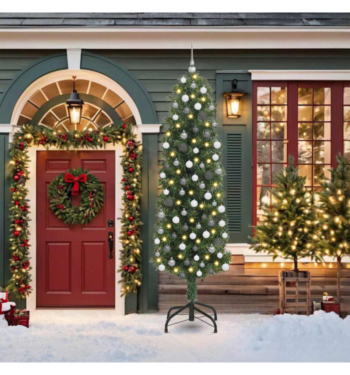 Arbre de Noël slim 300 LEDs et Ensemble de boules Vert 210 cm | Mobilier & Déco