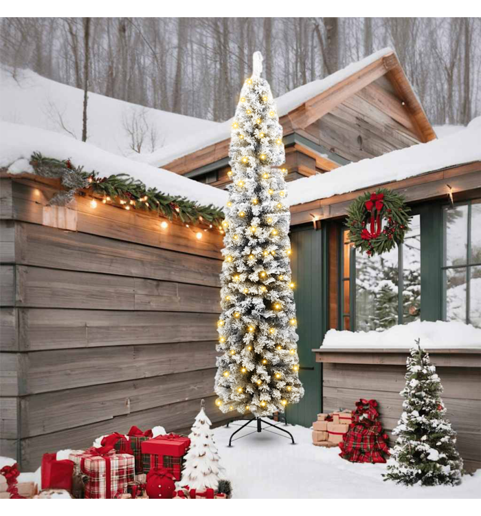 Arbre de Noël slim 300 LEDs et neige floquée verte 240 cm | Mobilier & Déco