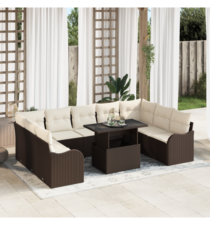 Canapé de jardin de 10 pièces avec coussins marron poly rattan, Canapé de jardin 2 places avec coussins marron poly rattan | Mob