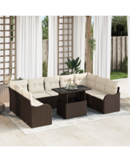 Canapé de jardin de 10 pièces avec coussins marron poly rattan, Canapé de jardin 2 places avec coussins marron poly rattan | Mob