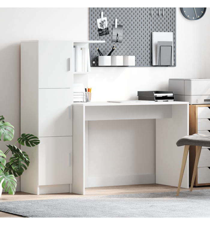 Bureau avec rangement blanc en bois d'ingénierie | Mobilier & Déco
