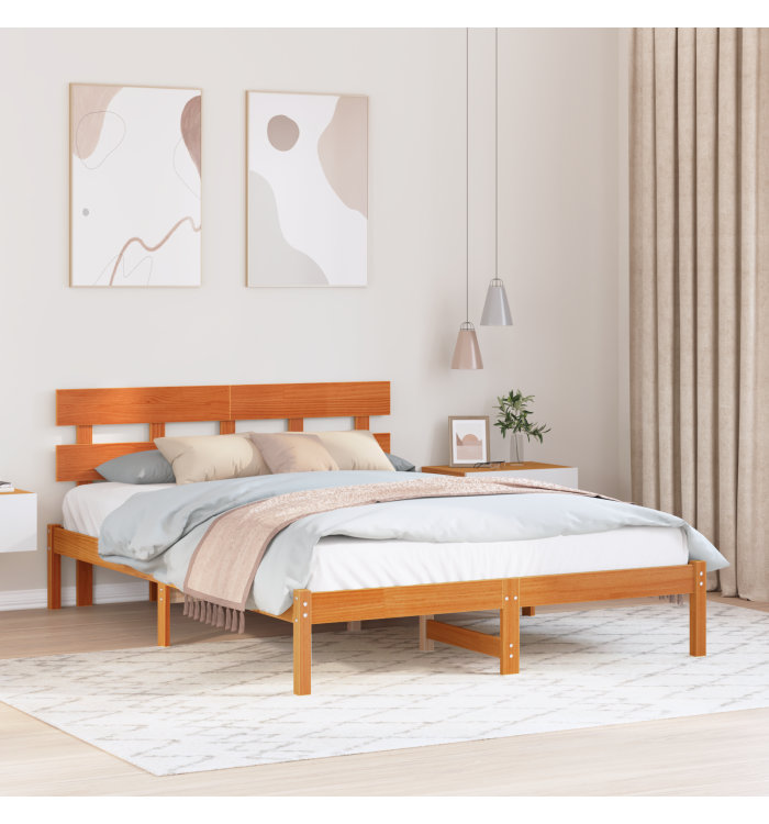 Cadre de lit avec tête de lit marron ciré 160x200 cm bois massif pin | Mobilier & Déco
