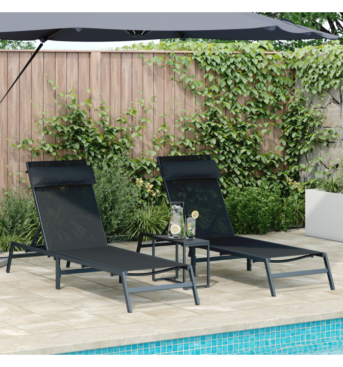 Chaises Longues Pliantes Noire Cadre en métal, tissu textilène | Mobilier & Déco
