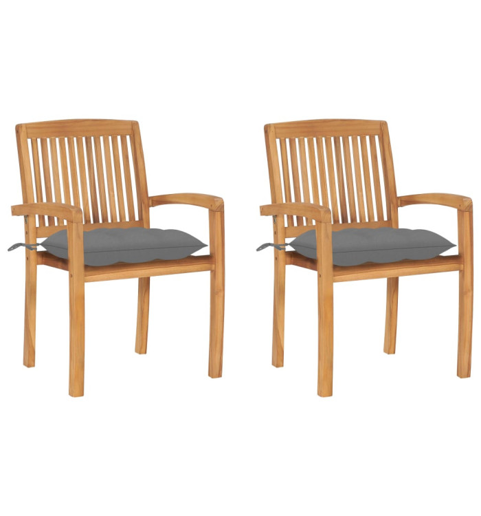 Chaises de jardin lot de 2 et coussins gris Bois de teck massif | Mobilier & Déco