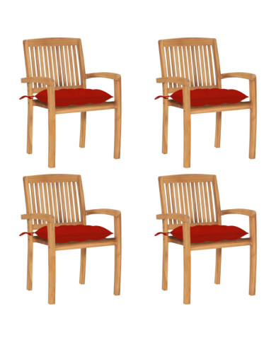 Chaises de jardin empilables avec coussins lot de 4 Teck solide | Mobilier & Déco