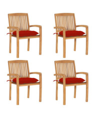 Chaises de jardin empilables avec coussins lot de 4 Teck solide | Mobilier & Déco