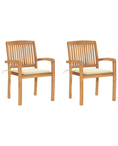 Chaises de jardin lot de 2 et coussins crème Bois teck massif | Mobilier & Déco
