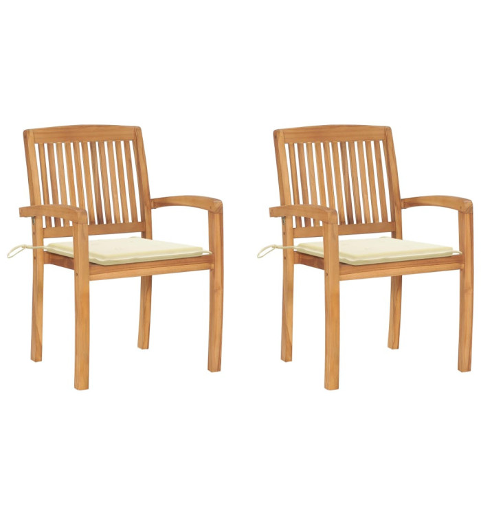 Chaises de jardin lot de 2 et coussins crème Bois teck massif | Mobilier & Déco