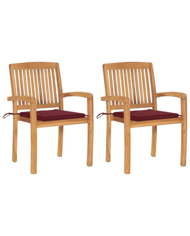 Chaises de jardin lot de 2 avec coussins bordeaux Teck massif | Mobilier & Déco