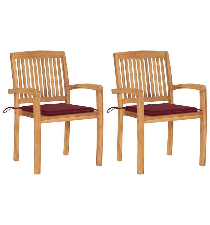 Chaises de jardin lot de 2 avec coussins bordeaux Teck massif | Mobilier & Déco