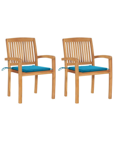 Chaises de jardin lot de 2 et coussins bleu Bois de teck massif | Mobilier & Déco
