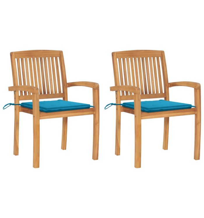 Chaises de jardin lot de 2 et coussins bleu Bois de teck massif | Mobilier & Déco