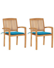 Chaises de jardin lot de 2 et coussins bleu Bois de teck massif | Mobilier & Déco