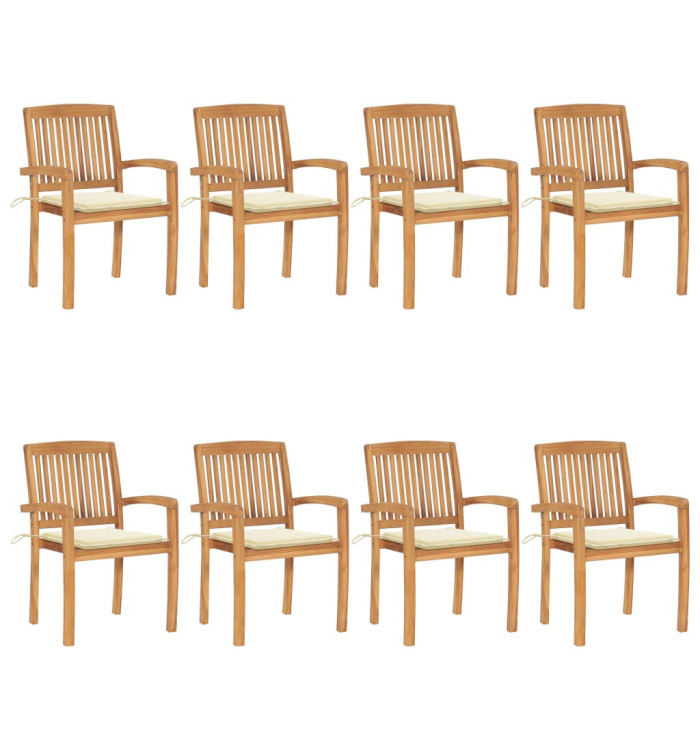 Chaises de jardin empilables avec coussins lot de 8 Teck solide | Mobilier & Déco