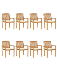 Chaises de jardin empilables avec coussins lot de 8 Teck solide | Mobilier & Déco