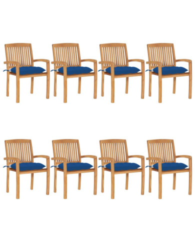 Chaises de jardin empilables avec coussins lot de 8 Teck solide | Mobilier & Déco