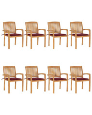 Chaises de jardin empilables avec coussins lot de 8 Teck solide | Mobilier & Déco