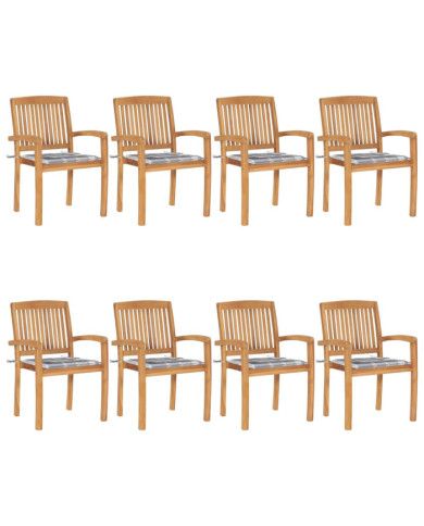 Chaises de jardin empilables avec coussins lot de 8 Teck solide | Mobilier & Déco