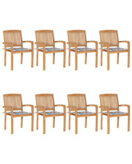 Chaises de jardin empilables avec coussins lot de 8 Teck solide | Mobilier & Déco