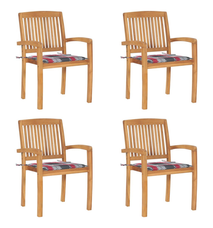 Chaises de jardin empilables avec coussins lot de 4 Teck solide | Mobilier & Déco