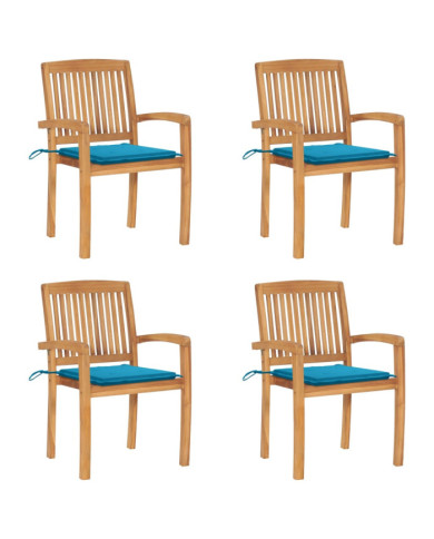 Chaises de jardin empilables avec coussins lot de 4 Teck solide | Mobilier & Déco