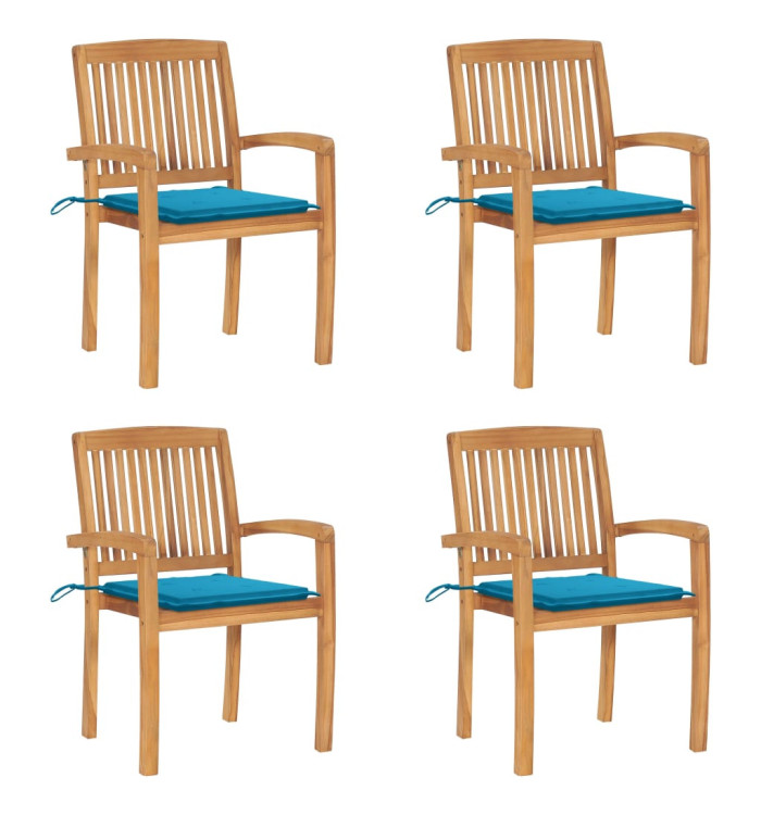 Chaises de jardin empilables avec coussins lot de 4 Teck solide | Mobilier & Déco
