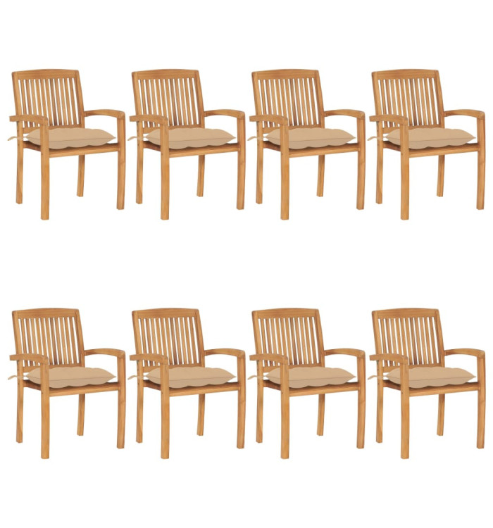 Chaises de jardin empilables avec coussins lot de 8 Teck solide | Mobilier & Déco