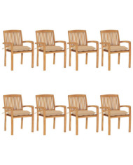 Chaises de jardin empilables avec coussins lot de 8 Teck solide | Mobilier & Déco