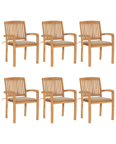 Chaises de jardin empilables avec coussins lot de 6 Teck solide | Mobilier & Déco