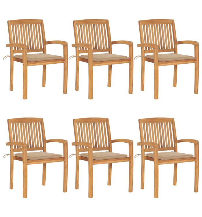 Chaises de jardin empilables avec coussins lot de 6 Teck solide | Mobilier & Déco
