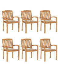 Chaises de jardin empilables avec coussins lot de 6 Teck solide | Mobilier & Déco
